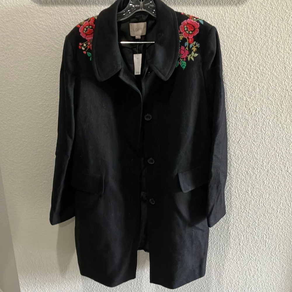 LOFT Black W/ Floral Applique Wool Blend Knee‎ Length Car Coat Size XL - NWT